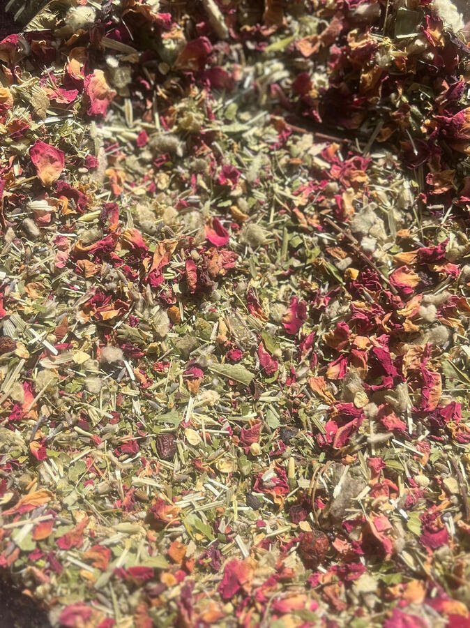 For the Love of Grief Tea: Hawthorne Berry, Leaf, and Flower, Rose, Nettle, Mullein, Oatstraw, Lavender, and Skullcap.