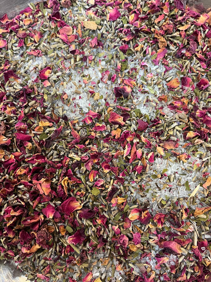 Herbal Bath Soak: Epsom Salt, Rose, Peppermint, Lavender, Chamomile.